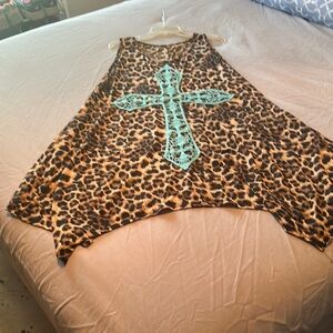 Asymmetrical Leopard Print Dress with Turquoise Cross